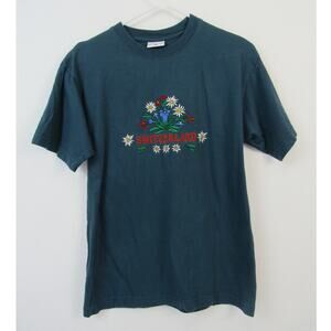 Promoweil Small Blue T-Shirt Floral Embroidery Switzerland Graphic Tee Casual